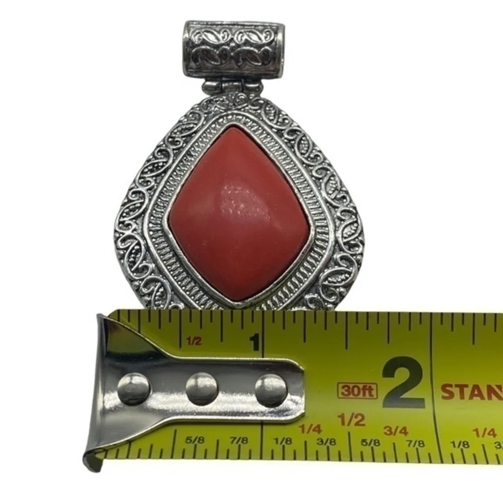 Red Coral Gemstone Sterling Silver 925 Pendant 2 5/8in